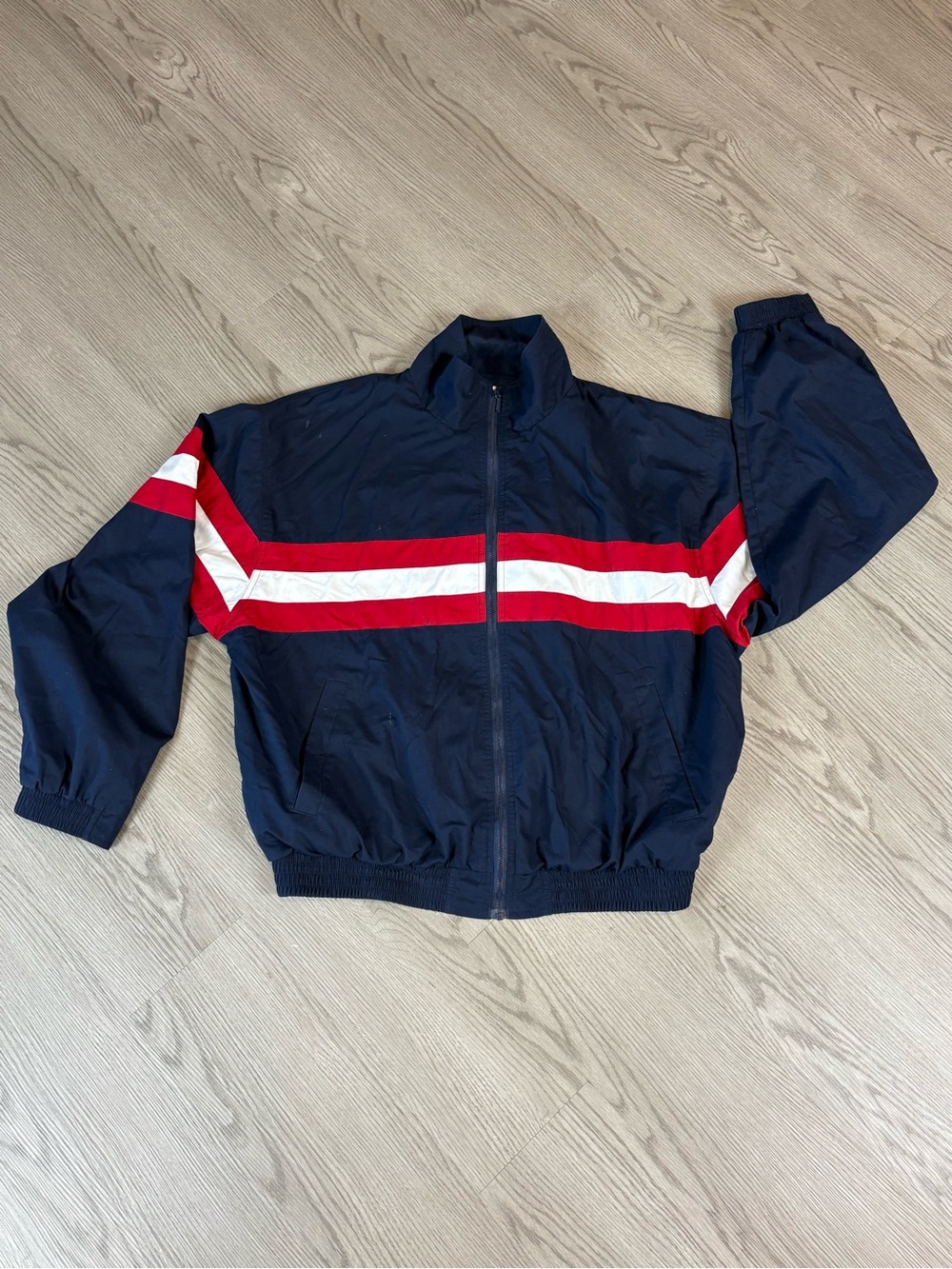 Roundtree & Yorke Navy Windbreaker with Red and White Stripes
